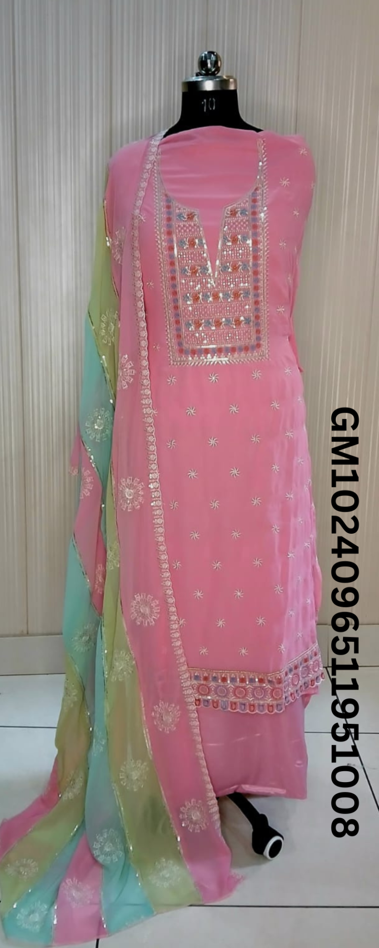 Pastel Pink Embroidered Suit with Multicolor Dupatta 1008