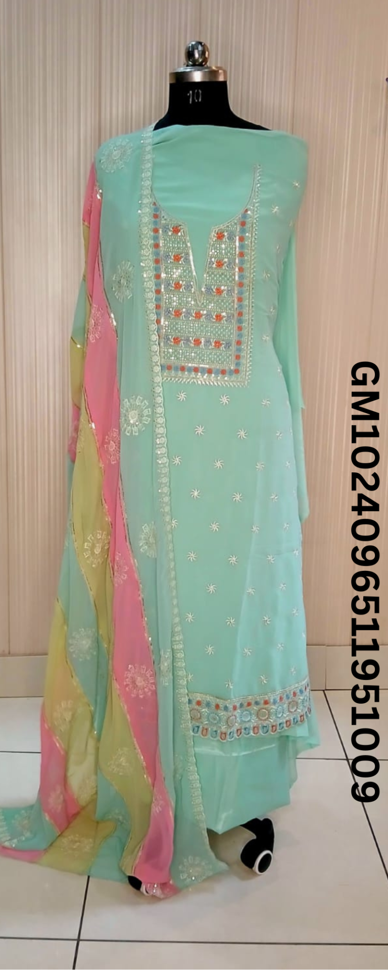 Mint Green Embroidered Suit with Multicolor Dupatta 1009