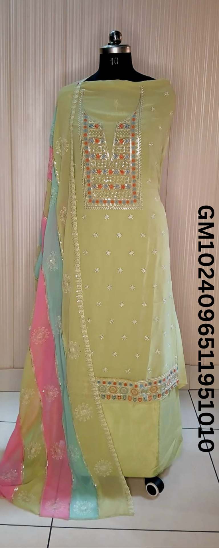 Pastel Green Embroidered Suit with Multicolor Dupatta 1010