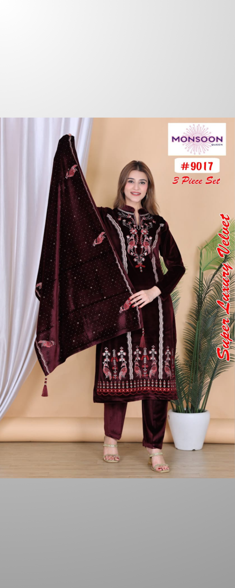 Embroided heavy velvet suit with a heavy design on neck and Border and beautiful Stole with Stone work.