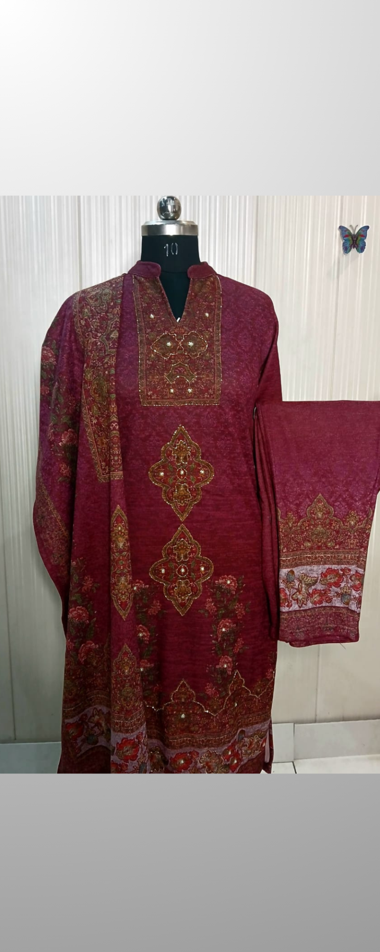 Embroided and printed karachi suit with Stone work with printed Stole and bottom.